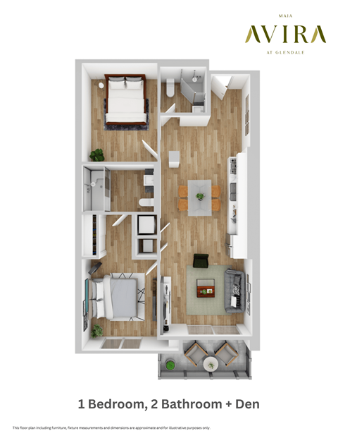 Floor plan for 1 bed, 2 baths, 987 sqft